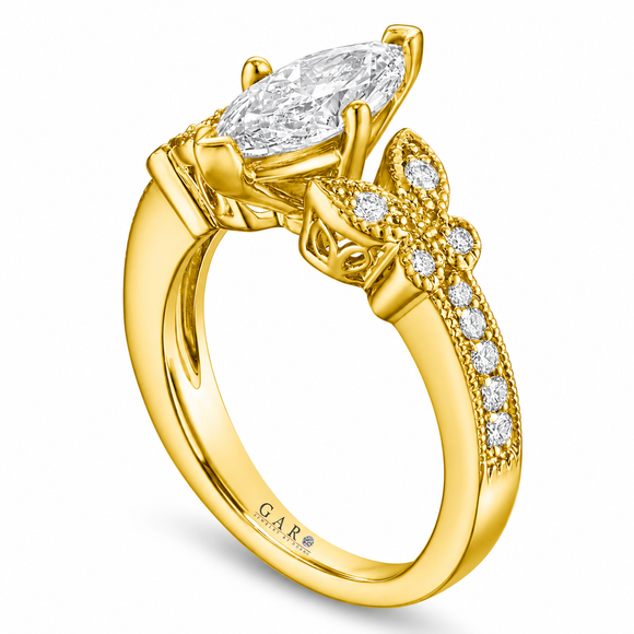 1.19 Carat Lab Grown Marquise Diamond Butterfly Floral Engagement Ring 14K Yellow Gold IGI Certified Handmade Nature Inspired