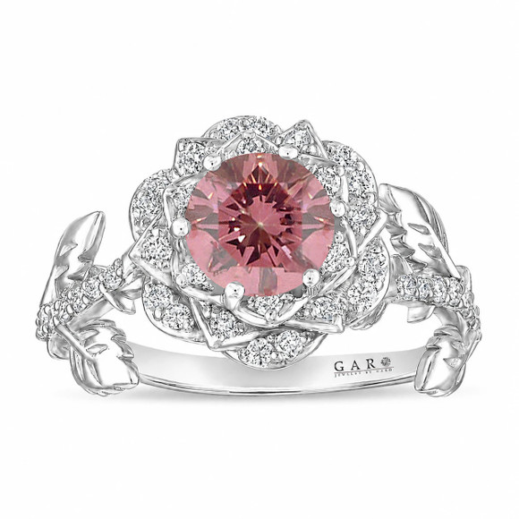 1.36 Carat Lab Grown Pink Diamond Rose Flower Engagement Ring, Unique Floral IGI Certified 14K White Gold Handmade