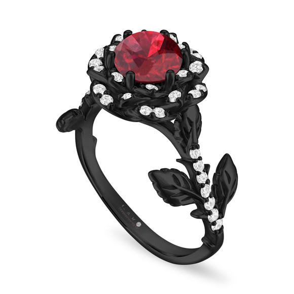 1.55 Carat Garnet Floral Halo Engagement Ring, Unique Rose Flower 14K Black Gold Vintage Style Handmade Certified 1.55 Carat Garnet Floral Halo Engagement Ring, Unique Rose Flower 14K Black Gold Vintage Style Handmade Certified