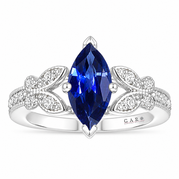 Marquise Blue Sapphire Butterfly Engagement Ring 1.20 Carat Nature Inspired 14K White Gold Handmade Certified
