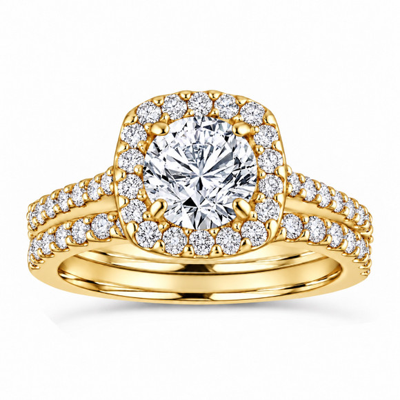 Round Lab-Grown Diamond Engagement Ring Set 1.87 ct Cushion Halo 14K Gold IGI Certified Handmade
