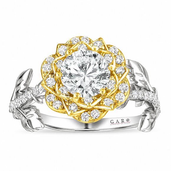 1.36 Carat Diamond Floral Halo Engagement Ring Rose Flower Unique Anniversary Ring  GIA Certified 14K Yellow Gold Handmade