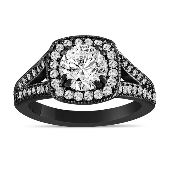 Colorless Lab Grown Diamond Halo Engagement Ring 1.57 Carat 14K Black Gold Vintage Style  IGI Certified Unique Handmade