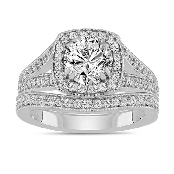 Lab Grown Diamond Halo Engagement Ring And Wedding Band Set 1.80 Carat 14K White Gold IGI Certified Unique Handmade