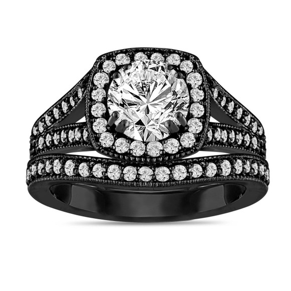 Colorless Lab Grown Diamond Halo Engagement Ring And Wedding Band Set 1.80 Carat 14K Black Gold Vintage Style  IGI Certified Unique Handmade