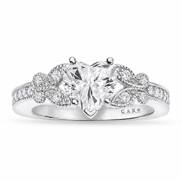 Lab Grown Heart Shaped Diamond Butterfly Engagement Ring IGI Certified 1.19 Carat 14K White Gold Or Yellow Gold Unique Handmade
