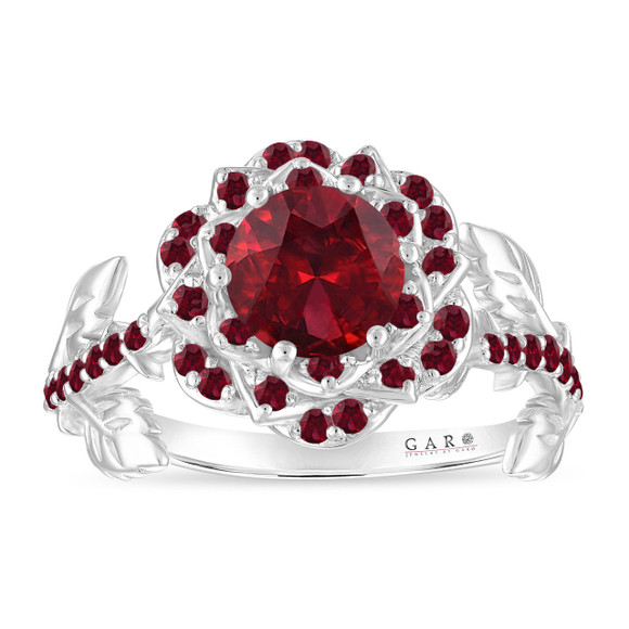 1.55 Carat Garnet Rose Flower Halo Engagement Ring Unique Floral 14K White Gold Handmade Certified