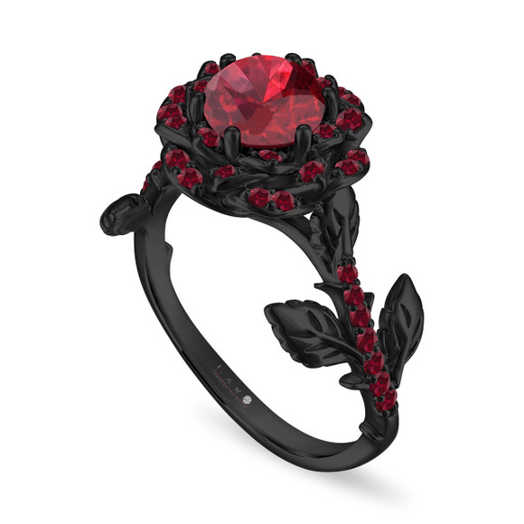 1.55 Carat Garnet Floral Halo Engagement Ring Unique Rose Flower 14K Black Gold Vintage Style Certified Handmade