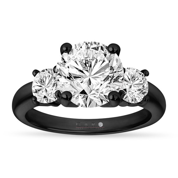 Lab Grown Diamond Three Stone Engagement Ring 2.70 Carat IGI Certified 14K Black Gold Vintage Style Handmade