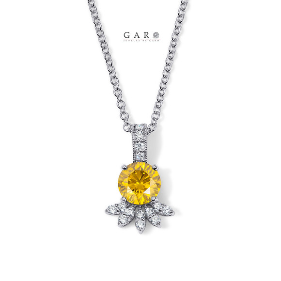 Yellow Diamond Floral Pendant Necklace, Unique Flower Design 1.21 Carat 14K White Gold Certified Handmade