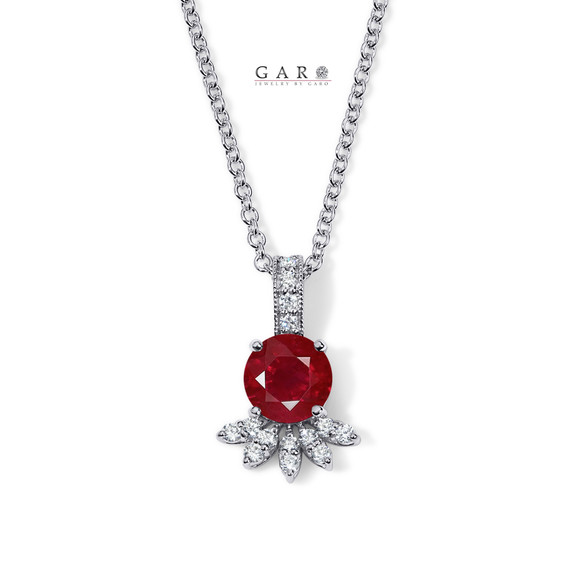 Ruby Flower Petal Pendant Necklace, Unique Anniversary Gift 1.20 Carat 14K White Gold Or Yellow Gold Certified Handmade