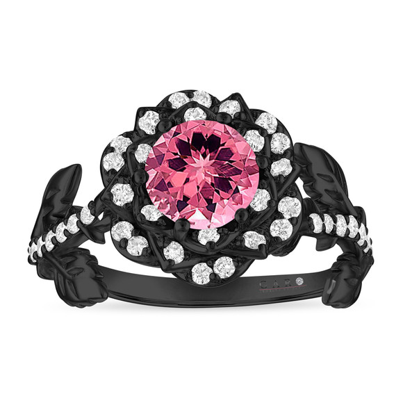 1.25 Carat Pink Tourmaline Floral Halo Engagement Ring, Unique Rose Flower 14K Black Gold Vintage Style Handmade Certified