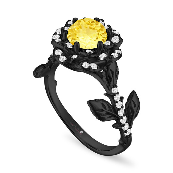 Yellow Sapphire Floral Halo Engagement Ring, Unique Rose Flower 1.36 Carat 14K Black Gold Vintage Style Handmade Certified