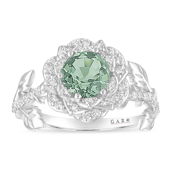 Green Sapphire Halo Engagement Ring, Unique Rose Flower 1.36 Carat 14K White Gold Or Yellow Gold Handmade Certified