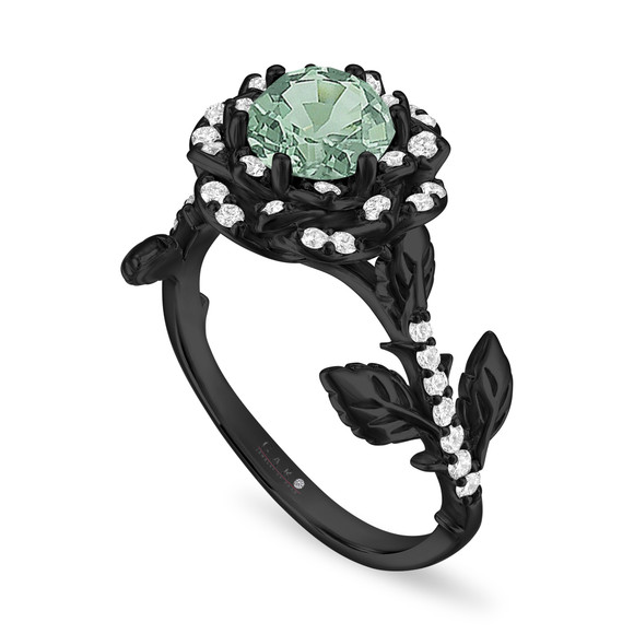 Green Sapphire Rose Flower Halo Engagement Ring, Unique Floral 1.36 Carat 14K Black Gold Vintage Style Handmade Certified