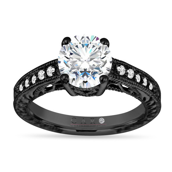 2.18 Carat Lab Grown Diamond Engagement Ring 14K Black Gold Vintage Style IGI Certified Handmade