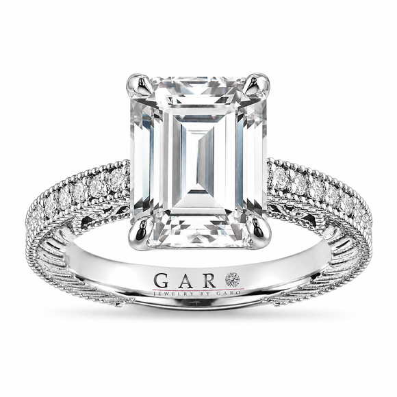 Platinum Emerald Cut Lab Grown Diamond Engagement Ring 4.15 Carat IGI Certified Unique Filigree Vintage Style Handmade