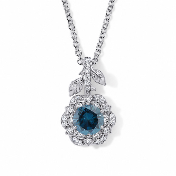 1.27 Carat Blue Diamond Rose Flower Halo Pendant Necklace 14K White Gold, Rose Gold Or Yellow Gold Unique Floral Certified Handmade