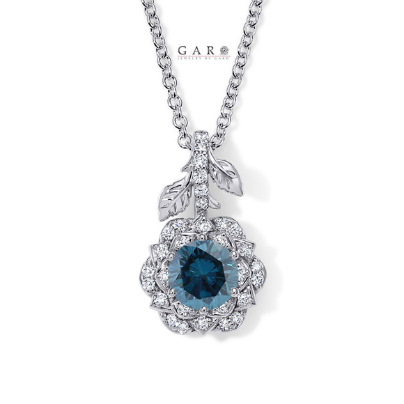 Platinum 1.27 Carat Blue Diamond Rose Flower Halo Pendant Necklace Unique Floral Certified Handmade