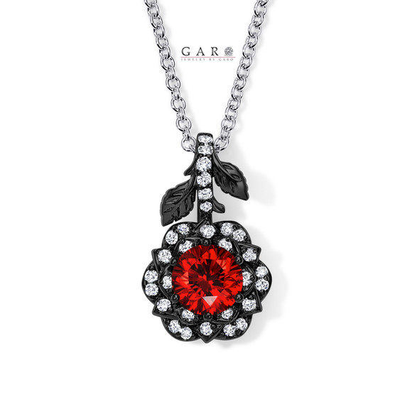 1.27 Carat Red Diamond Floral Halo Pendant Necklace 14K Black Gold Vintage Style Unique Rose Flower Certified Handmade