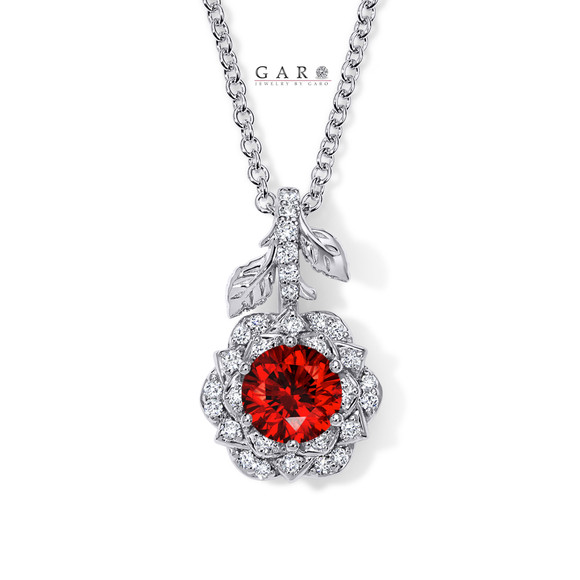 Platinum Red Diamond Rose Flower Halo Pendant Necklace 1.27 Carat Unique Floral Certified Handmade