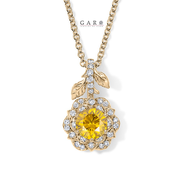 Yellow Diamond Rose Flower Halo Pendant Necklace 1.27 Carat 14K White Gold, Rose Gold Or Yellow Gold Unique Floral Certified Handmade
