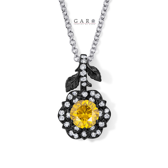 Yellow Diamond Floral Halo Pendant Necklace 1.27 Carat 14K Black Gold Vintage Style Unique Rose Flower Certified Handmade