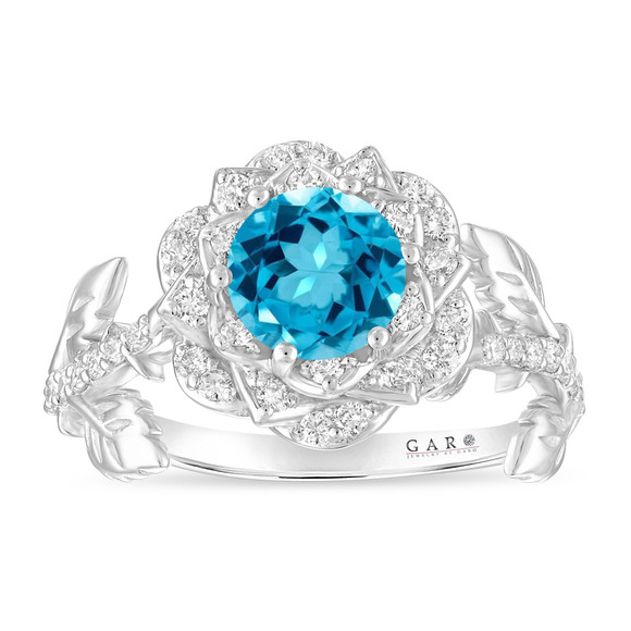 1.36 Carat Blue Topaz Rose Flower Halo Engagement Ring, Unique Floral 14K White Gold Or Yellow Gold Handmade Certified