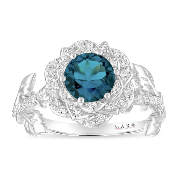 1.36 Carat London Blue Topaz Rose Flower Halo Engagement Ring, Unique Floral 14K White Gold Or Rose Gold Handmade Certificate 