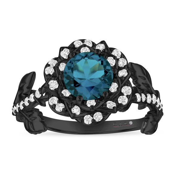 London Blue Topaz Floral Halo Engagement Ring, Unique Rose Flower 1.36 Carat 14K Black Gold Vintage Style Handmade Certificate 