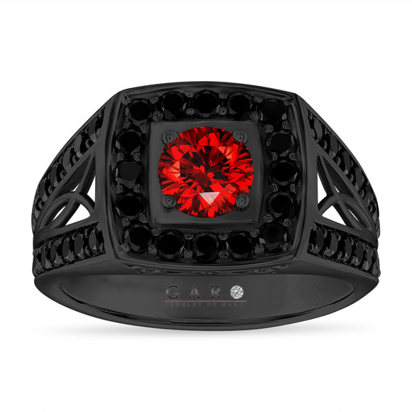 2.81 Carat Red Diamond Mens Ring, Unique Halo Wedding Ring 14K Black Gold Handmade Certified