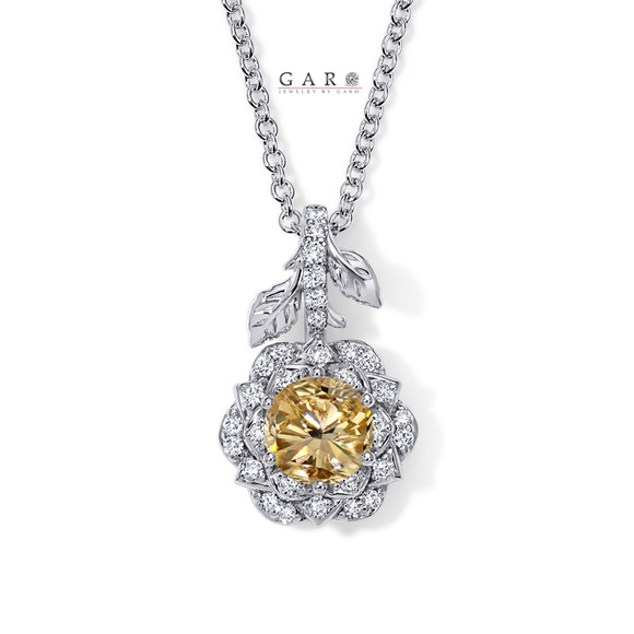 Platinum Champagne Diamond Rose Flower Halo Pendant Necklace 1.27 Carat Unique Floral Certified Handmade