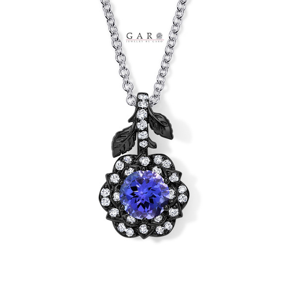 1.27 Carat Tanzanite Floral Halo Pendant Necklace 14K Black Gold Vintage Style Unique Rose Flower Certified Handmade