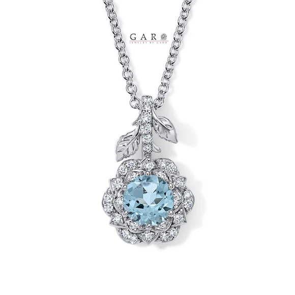 Aquamarine Rose Flower Halo Pendant Necklace 1.26 Carat 14K White Gold, Yellow Gold Or Rose Gold Unique Floral Certified Handmade