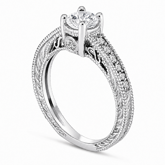 Platinum Natural Diamond Engagement Ring Unique Scroll Vintage Style 0.75 Carat GIA Certified Handmade
