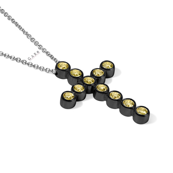 Yellow Diamond Cross Pendant Necklace 1.87 Carat 14K Black Gold Unique Certified Handmade 