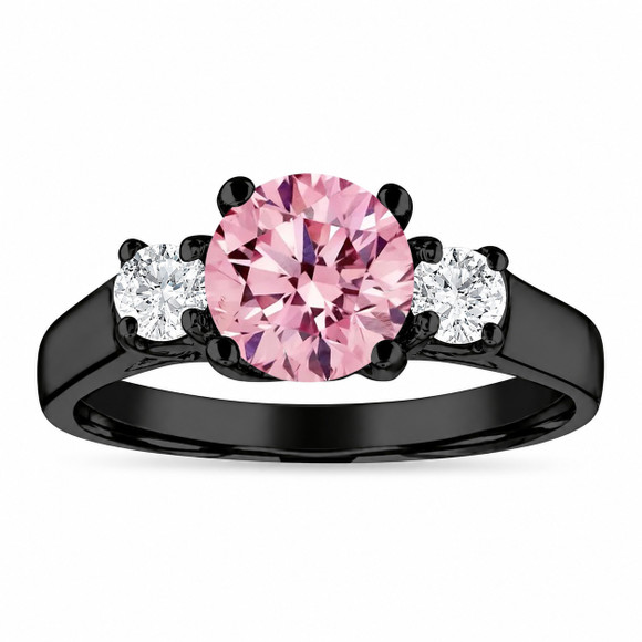 1.80 Carat Lab Grown Pink Diamond Three Stone Engagement Ring 14K Black Gold Vintage Style IGI Certified Handmade