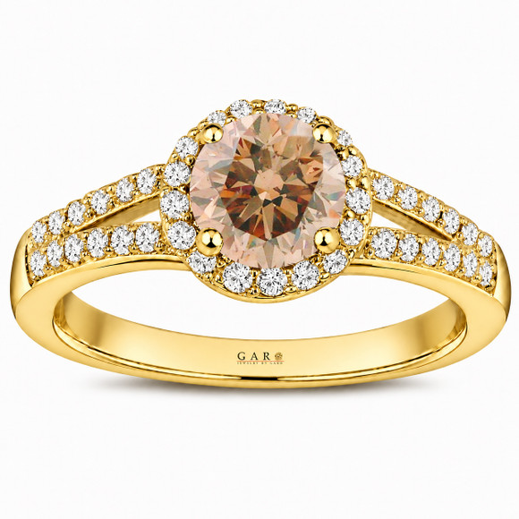 1.00 Carat Champagne Diamond Halo Engagement Ring 14K White Gold Or Yellow Gold Split Shank Filigree Handmade
