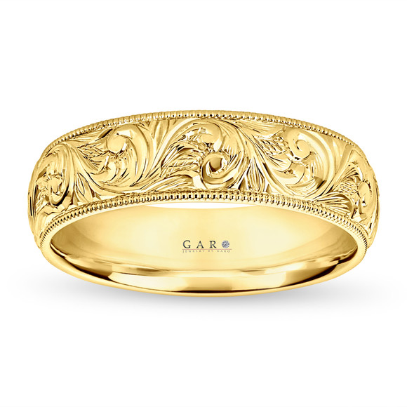 Hand Engraved Men’s Leaf and Scroll Wedding Band 6mm 14K Yellow or White Gold Handmade