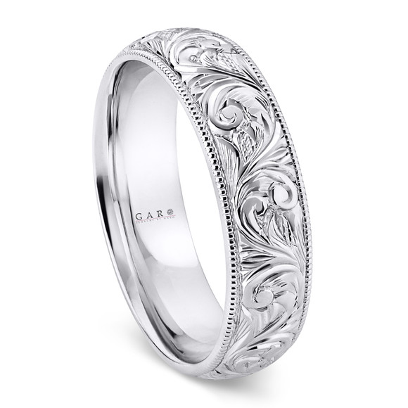 Platinum Hand Engraved Men’s Leaf and Scroll Wedding Band 6mm Handmade