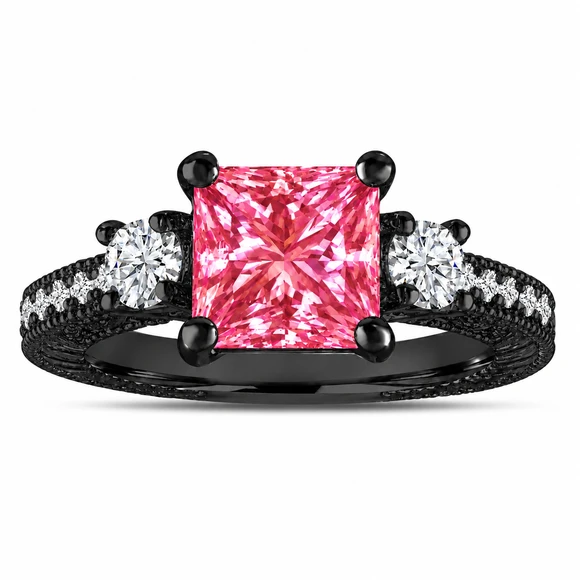 Princess Cut Lab Grown Pink Diamond Engagement Ring 2.45 Carat 14K Black Gold Vintage Style IGI Certified Handmade