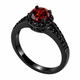 Red Garnet & Black Diamond Cocktail Ring Vintage Style 14k Black Gold 1.45 Carat Unique Halo Handmade Birth Stone