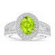 Oval Peridot Engagement Ring Unique Halo 14K White Gold 1.60 Carat Handmade Certified