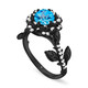 1.36 Carat Blue Topaz Floral Halo Engagement Ring, Unique Rose Flower 14K Black Gold Vintage Style Handmade Certified