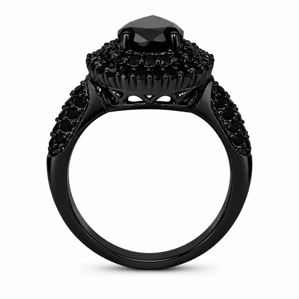 Pear Shaped Black Diamond Engagement Ring Unique Double Halo 3.70 Carat Vintage Style 14k Black Gold Handmade Certified