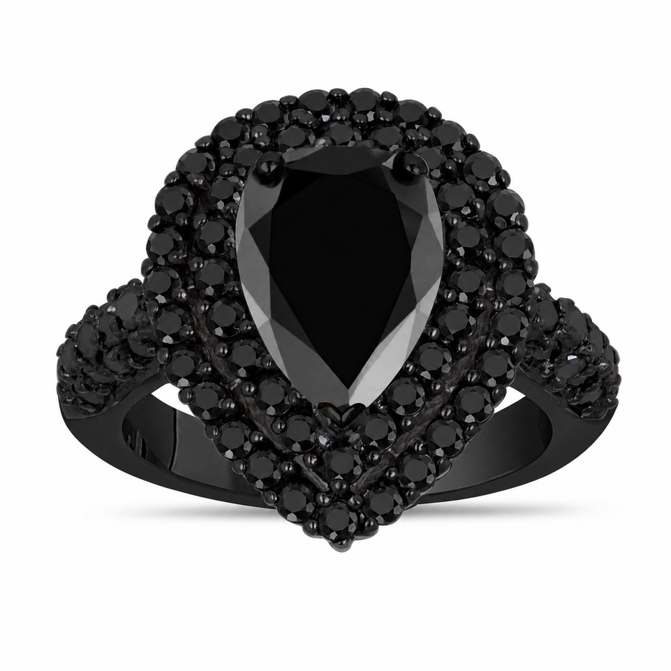 Pear Shaped Black Diamond Engagement Ring Unique Double Halo 3.70 Carat Vintage Style 14k Black Gold Handmade Certified
