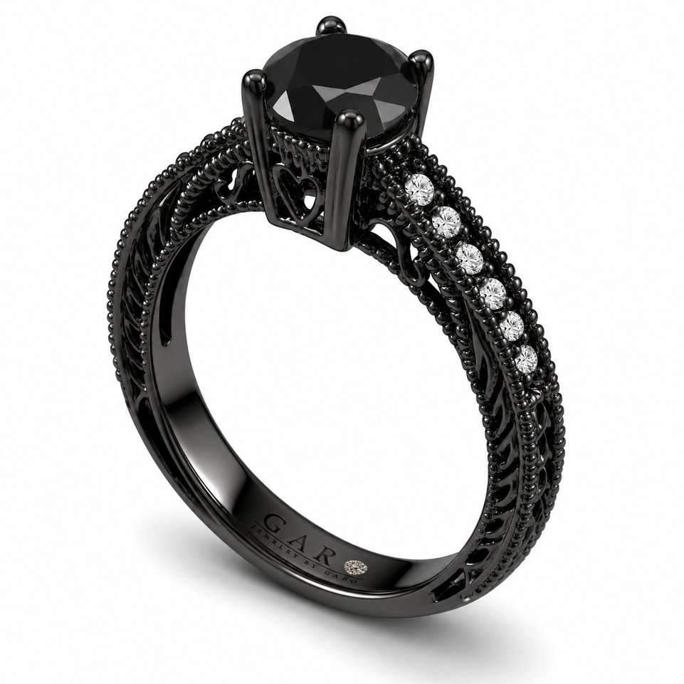 Natural Black Diamond Engagement Ring 14K Black Gold Vintage Style 1.20 Carat Certified Handmade