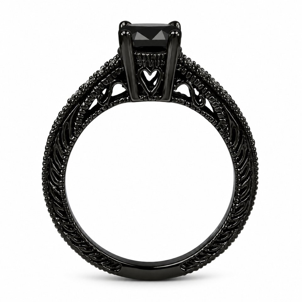 Natural Black Diamond Engagement Ring 14K Black Gold Vintage Style 1.20 Carat Certified Handmade