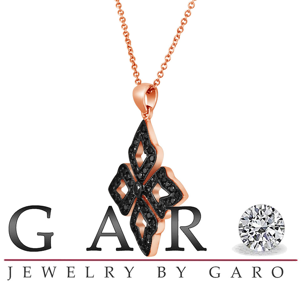 Fancy Black Diamonds Pendant, Leaf Pendant Necklace 14K Rose Gold, 0.60 Carat Handmade Unique
