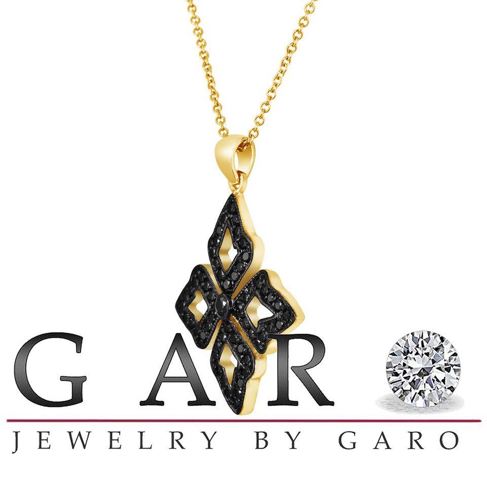 Black Diamond Pendant, Leaf Pendant Necklace 14K Yellow Gold, 0.60 Carat Handmade Unique